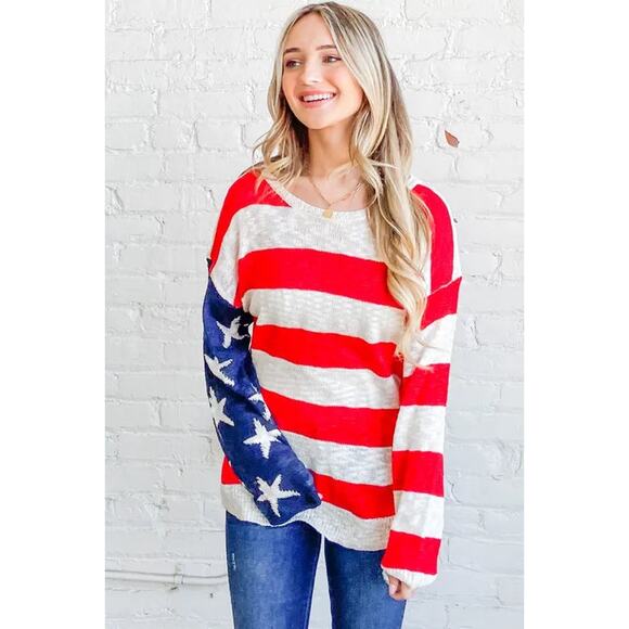 And The Why American Flag Pattern Long Sleeves Oversized Pullover Sweater | Red - Picture 7 of 9